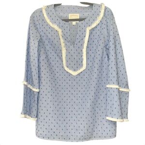 Sail to Sable V Neck Tunic Blouse Blue White Preppy Small Nautical Old Money